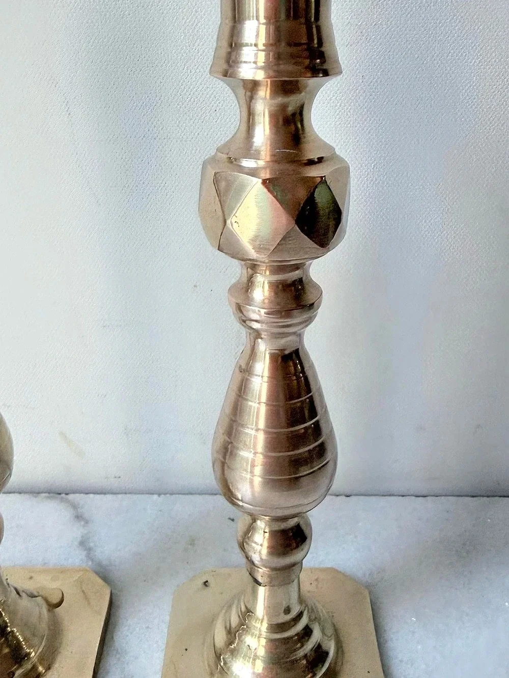 Vintage Brass Diamond Facet Boho Candlesticks Set of Two